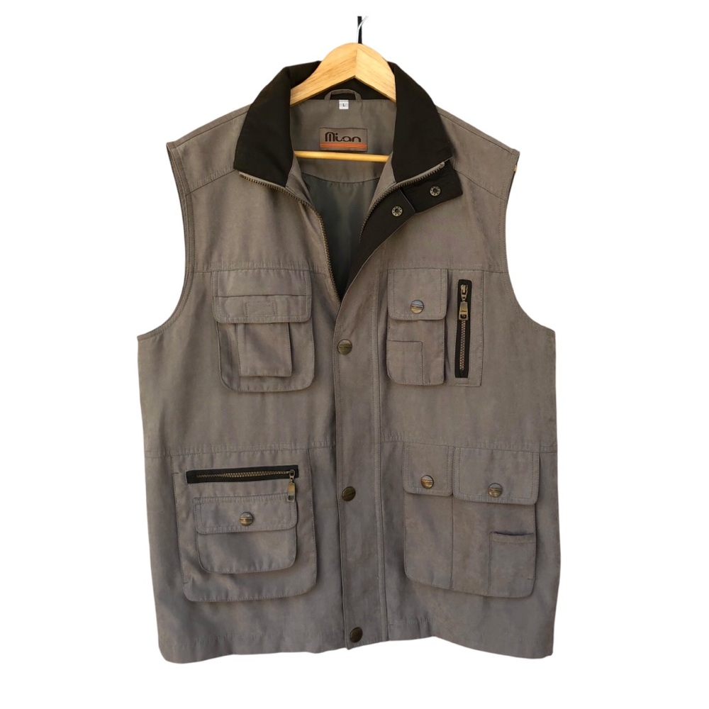 Mian Micro Suede Khaki Mens Tan Outdoor Fishing Hunting Full Zip Utility Vest L